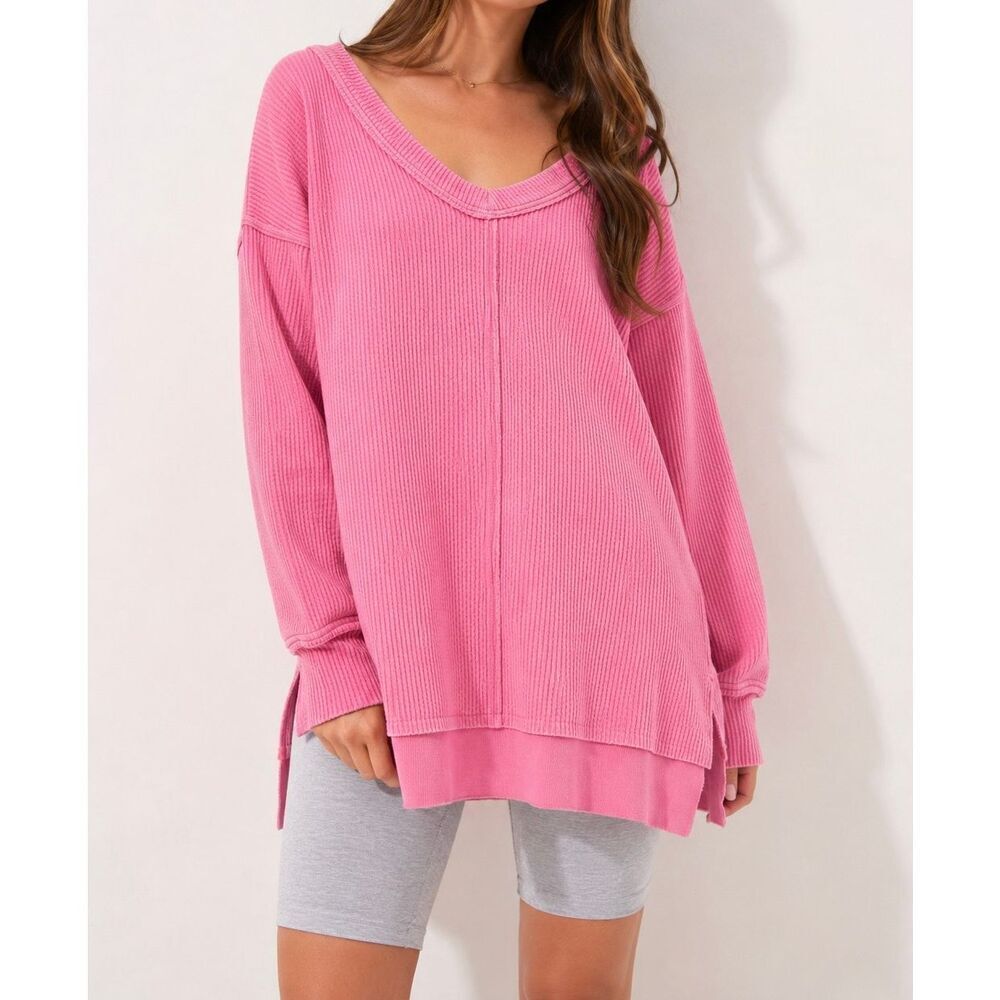 Aerie Pink Waffle Knit Oversized Tunic Top Size M Cozy Lounge Casual